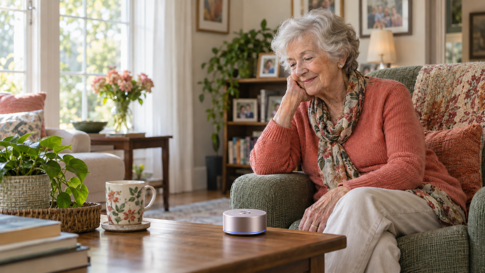 Older adult listening to a familiar voice message at home